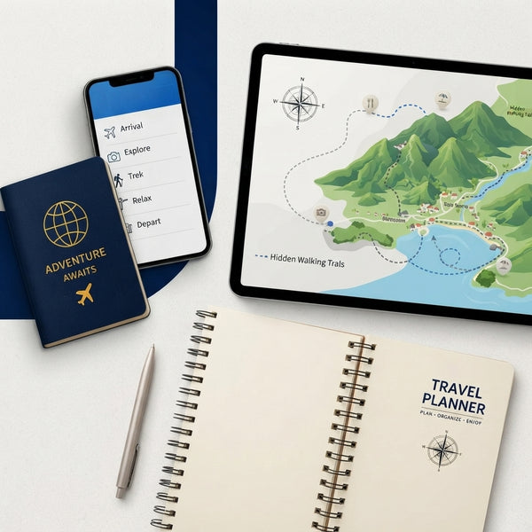 A hand holding a digital tablet and notebook on a dark stone table, representing expert travel planning and local destination