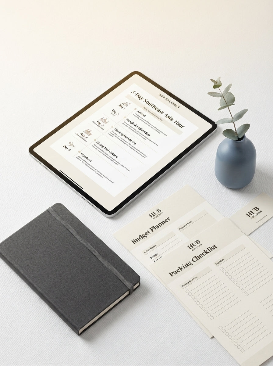 A digital tablet displaying a travel itinerary alongside planning templates, a charcoal notebook, and a slate blue vase on a 